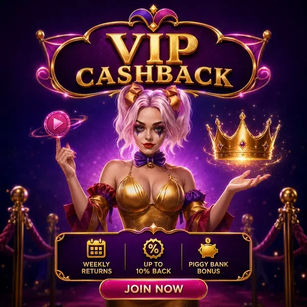 Anfitriona VIP Cashback Stack presenta corona dorada con recompensas de bono semanal en carpa lujosa