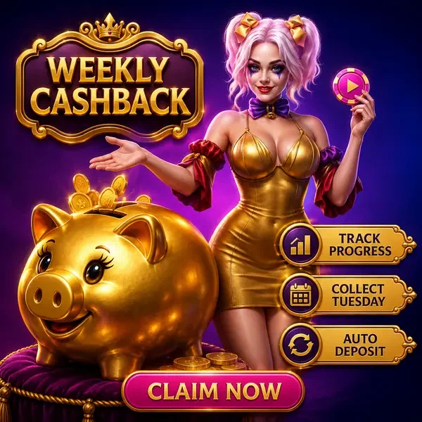 Anfitriona Velvet Rope presentando bono de cashback semanal con hucha dorada en casino lujoso