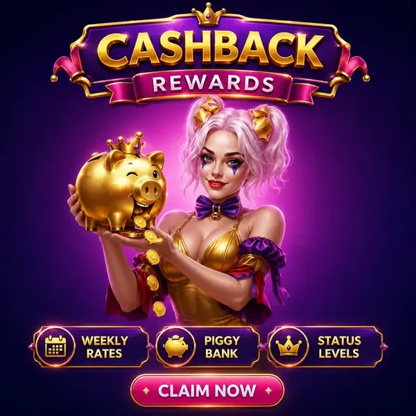Anfitriona bufón presentando portal de inicio de sesión de Cashback semanal y recompensas de Piggy Bank con monedas doradas
